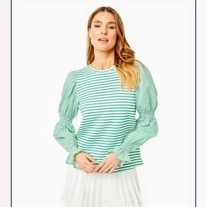 Addison Bay Mint Striped Blouse with Puff Sleeves